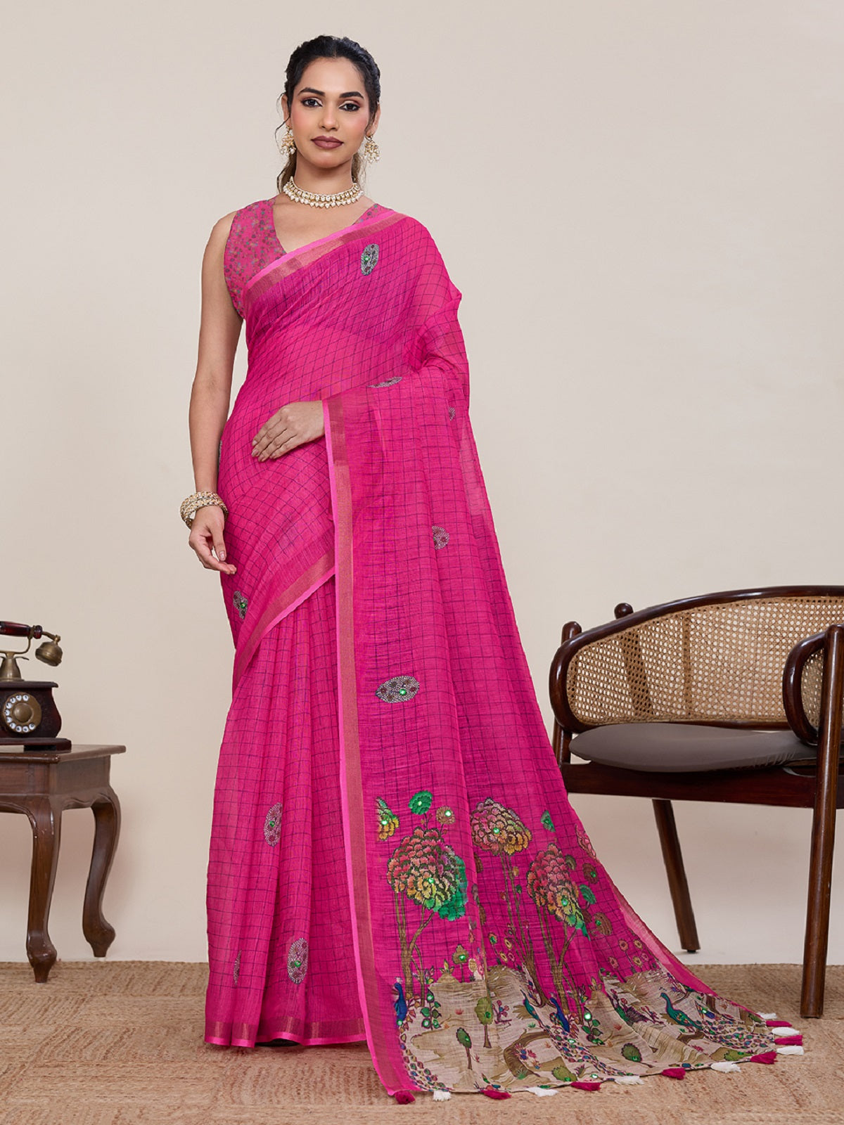 Dwija Fashion Pink Casual Wear Linen Saree Mirror Work With Unstitched Blouse - Dista
