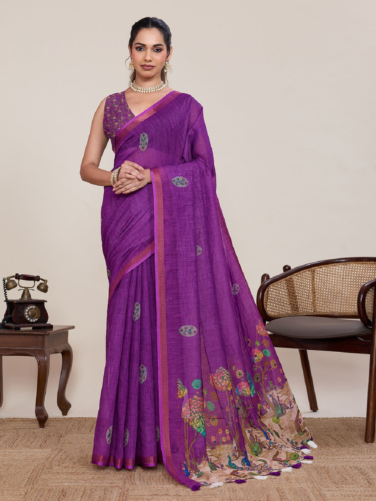 Dwija Fashion Purple Casual Wear Linen Saree Mirror Work With Unstitched Blouse - Dista