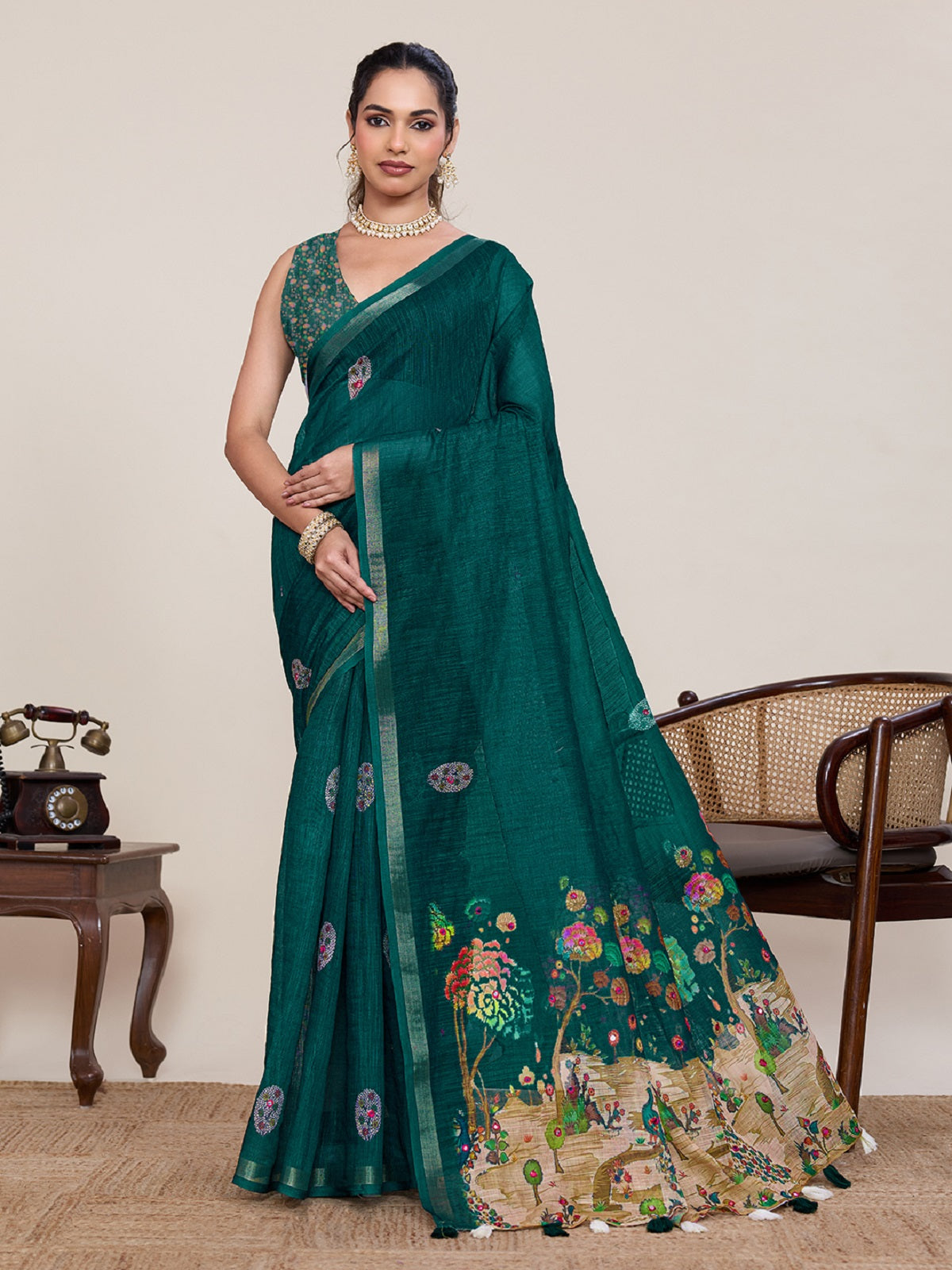 Dwija Fashion Green Casual Wear Linen Saree Mirror Work With Unstitched Blouse - Dista