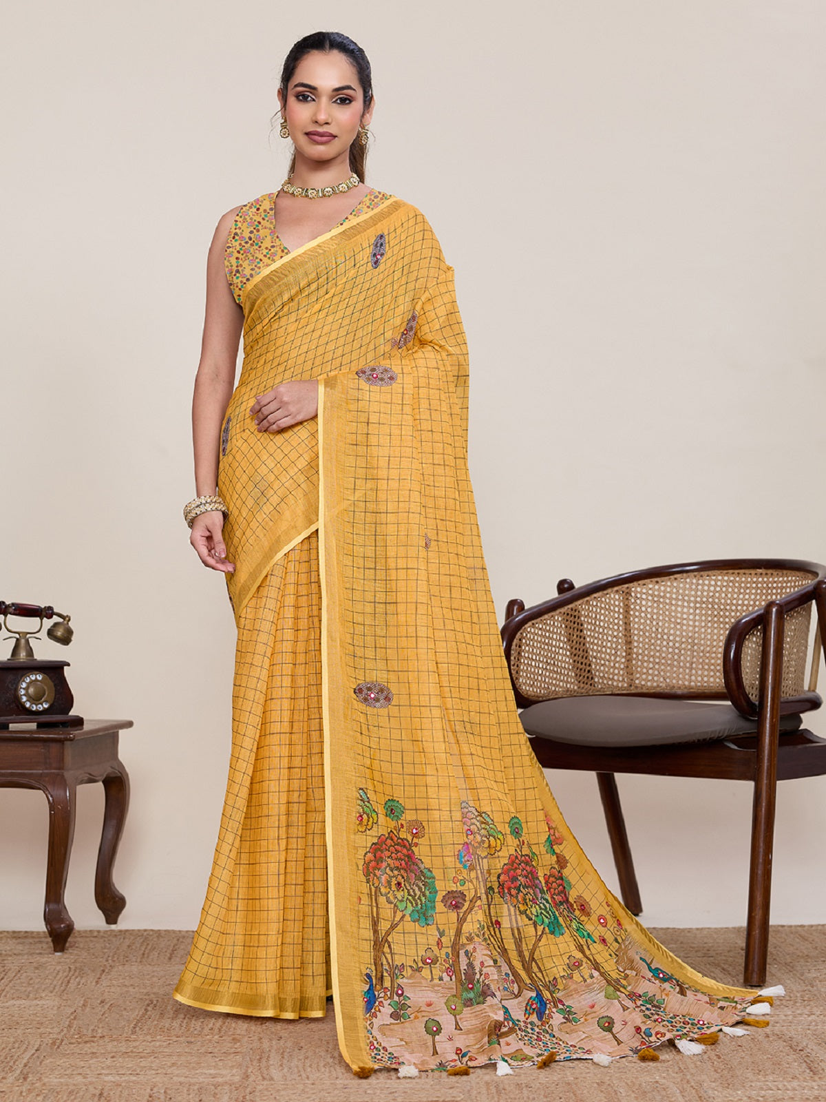 Dwija Fashion Yellow Casual Wear Linen Saree Mirror Work With Unstitched Blouse - Dista