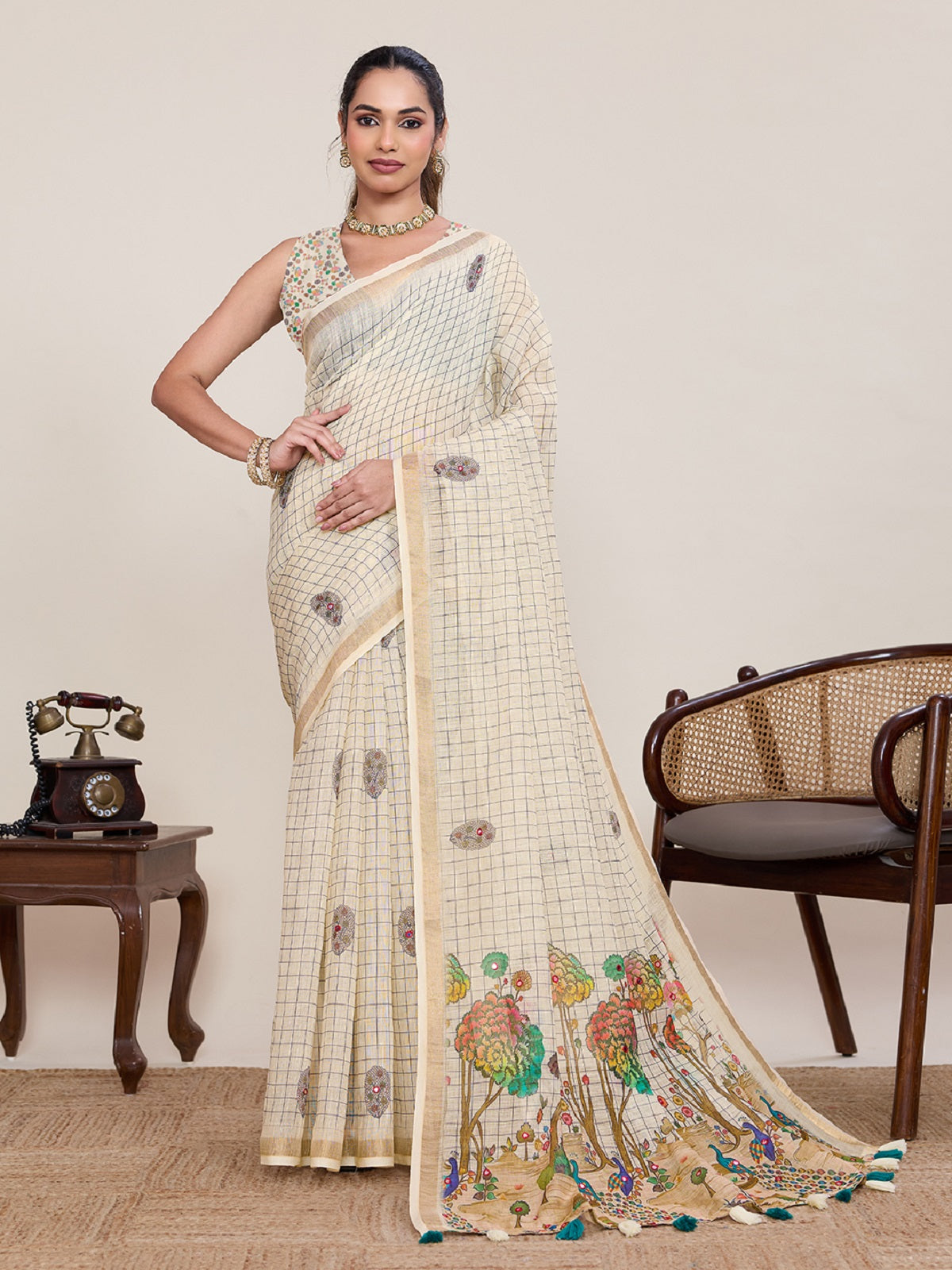 Dwija Fashion Ivory Casual Wear Linen Saree Mirror Work With Unstitched Blouse - Dista