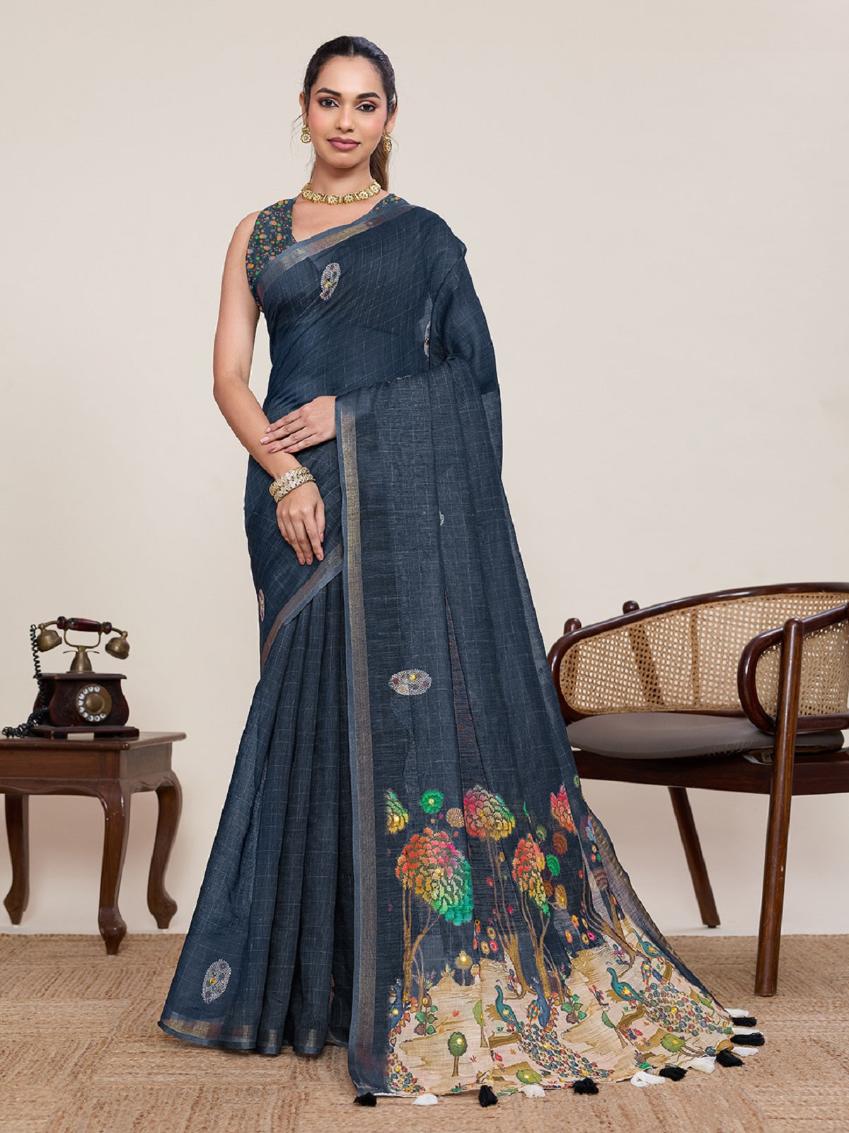 Dwija Fashion Black Casual Wear Linen Saree Mirror Work With Unstitched Blouse - Dista