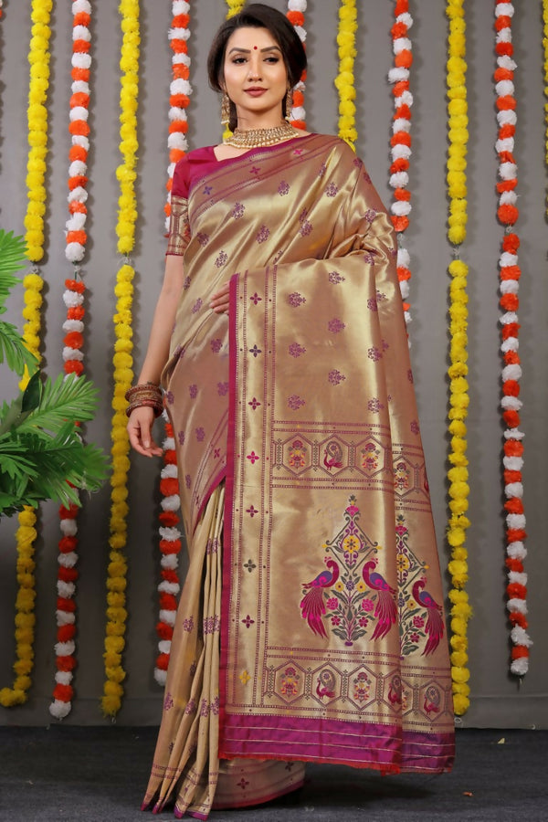 Jyoti Fashion Women's Wine Paithani Silk Zari Woven Saree with Blouse - Distacart