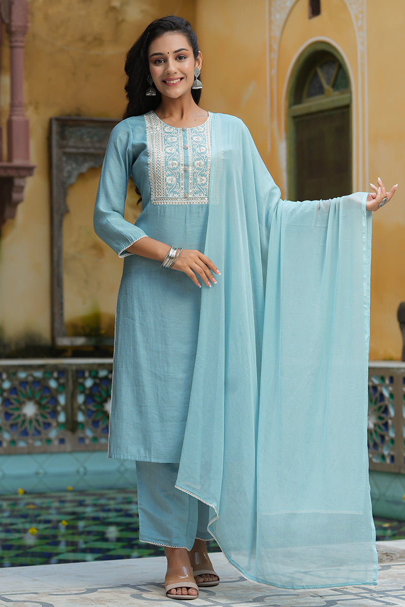 Ahika Grey Poly Silk Embroidered Straight Suit Set PKSKD1116