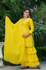 Thumbnail for Ahika Yellow Poly Chanderi Straight Sharara Suit Set - Distacart