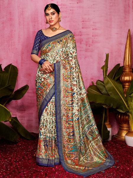 NOZ2TOZ Women's Tussar Silk Cream Printed Designer Saree With Blouse Piece - Distacart