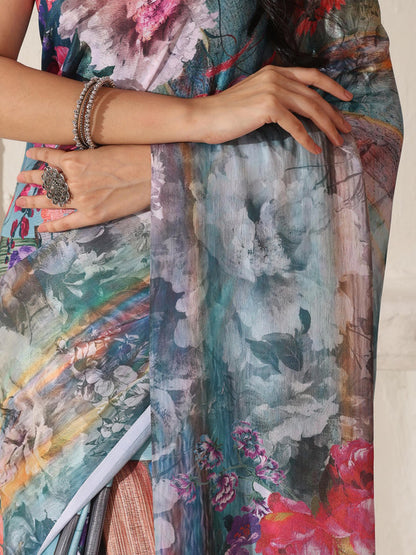 Shivam Fabrics Multi Color Turkey Fabric Printed Saree - Distacart