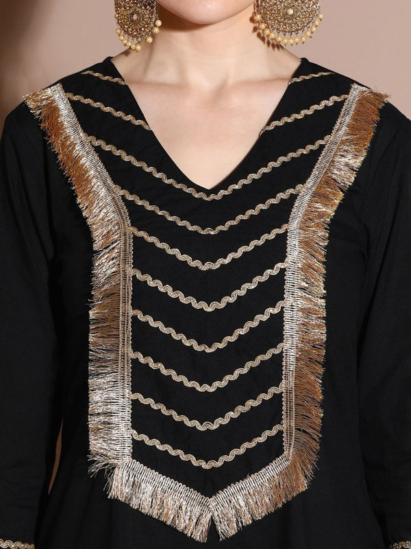 Anouk Black Floral Embroidered Pure Cotton Straight Kurta With Palazzo & Dupatta