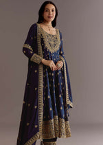 Thumbnail for Teeya Creation Blue Color Chinnon Silk Embroidery Work Gown - Distacart