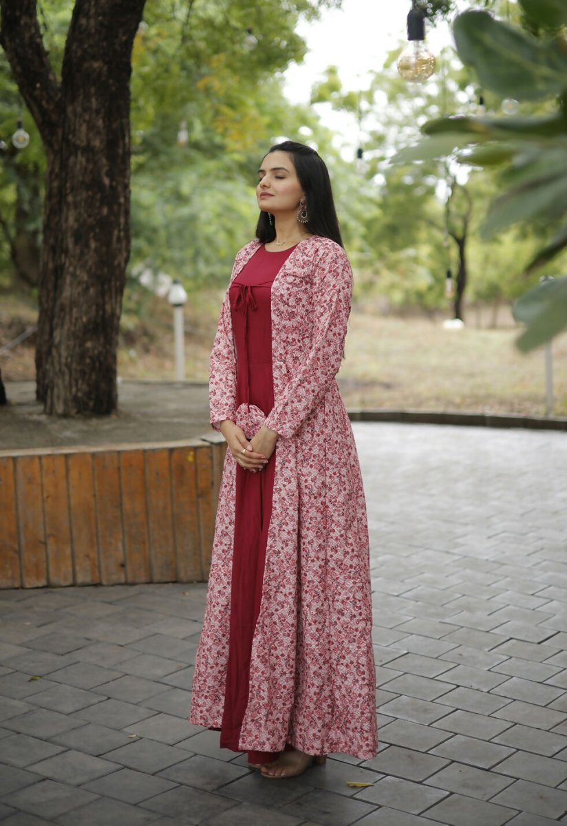 Aastha Fashion Women's Maroon Designer Rayon Gown with Crochet Embroidery Work Shrug - Distacart