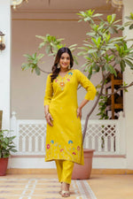 Thumbnail for The52 Yellow Women's Gorgeous Embroidered work Viscose Gadhwal Fabric Straight Kurta, Pant and Dupatta Set - Distacart
