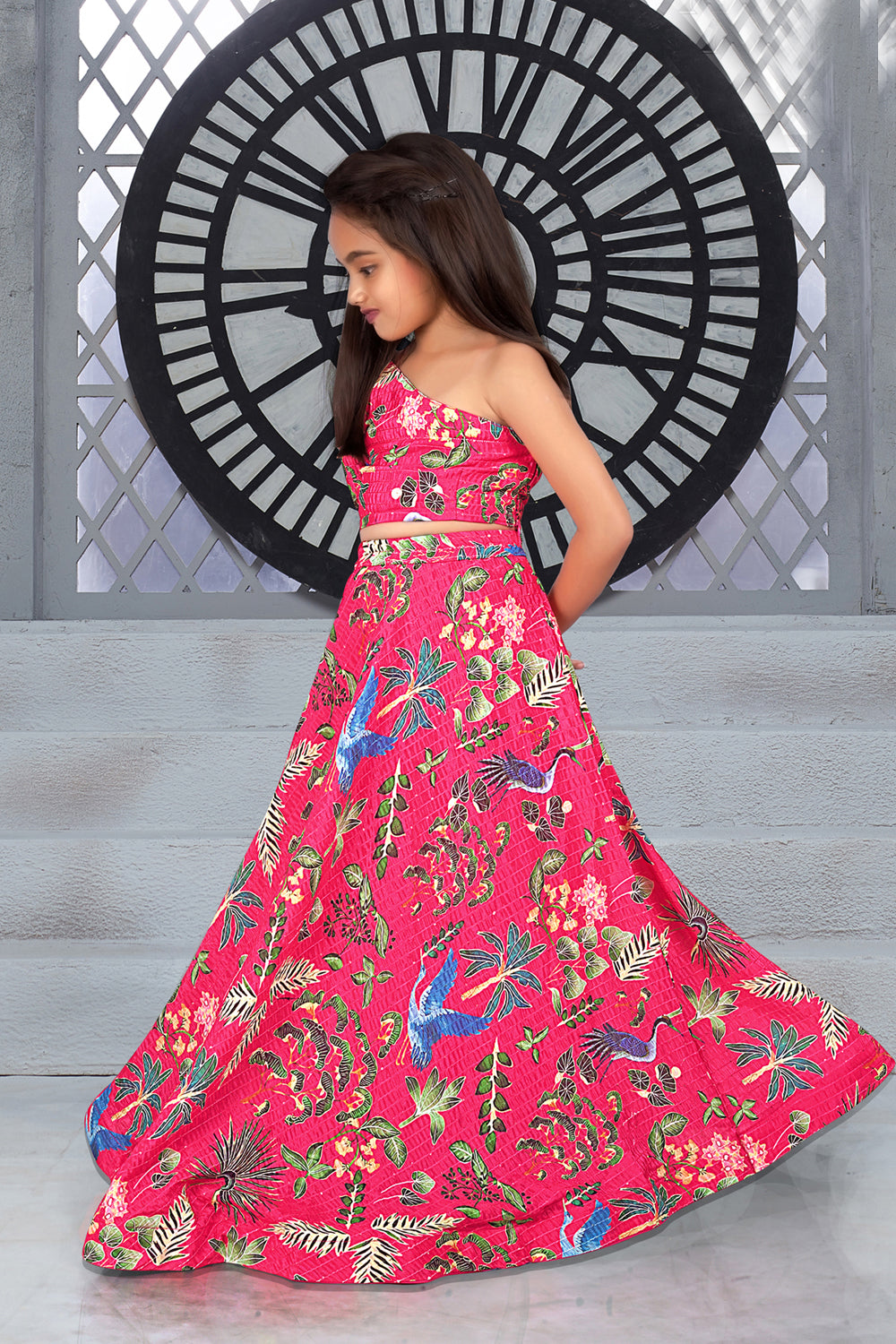 Sonakshi Girl's Pink Chinon Digital Print with Sequins Lehenga Choli Set