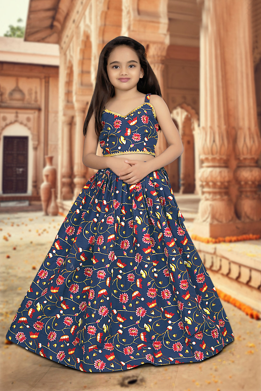 Sonakshi Girl's Blue Silk Digital Print with Sequins Lehenga Choli With Dupatta Set