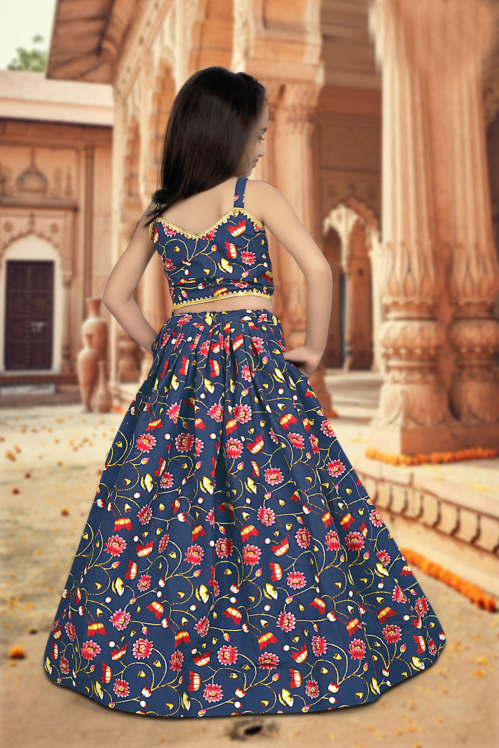 Sonakshi Girl's Blue Silk Digital Print with Sequins Lehenga Choli With Dupatta Set