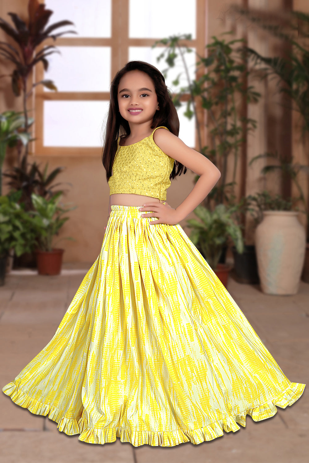 Sonakshi Girl's Yellow Silk Digital Print with Sequins Lehenga Choli With Dupatta Set