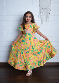 Thumbnail for Sonakshi Girl's Yellow Chinon Digital Print with Sequins Crochet Lehenga Choli Set