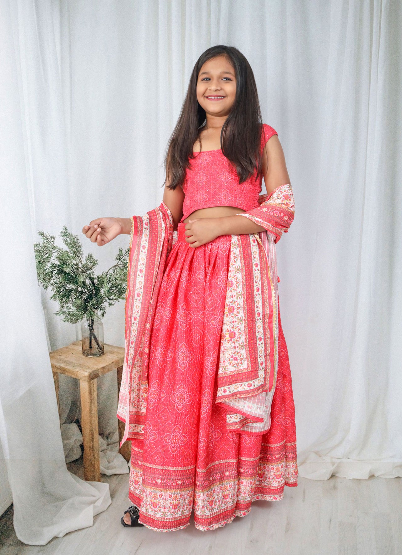 Sonakshi Girl's Pink Chinon Digital Print with Sequins Lehenga Choli With Dupatta Set