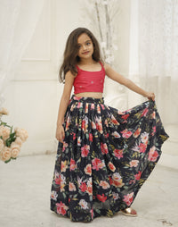 Thumbnail for Sonakshi Girl's Black Faux Georgette Sequins with Thread Embroidered Lehenga Choli With Dupatta Set