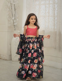 Thumbnail for Sonakshi Girl's Black Faux Georgette Sequins with Thread Embroidered Lehenga Choli With Dupatta Set