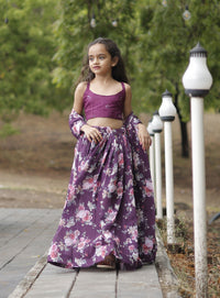 Thumbnail for Sonakshi Girl's Wine Faux Georgette Sequins with Thread Embroidered Lehenga Choli With Dupatta Set
