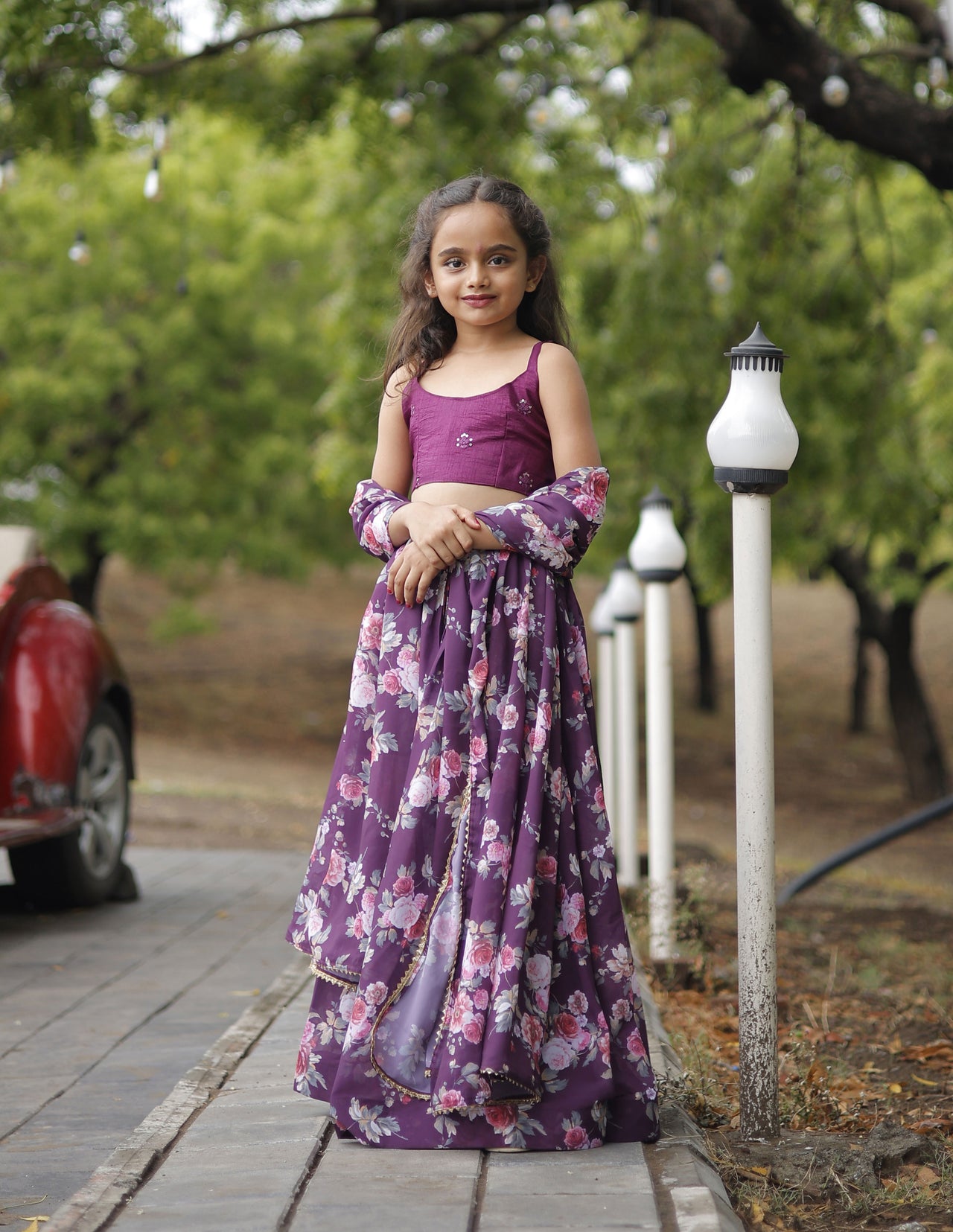 Sonakshi Girl's Wine Faux Georgette Sequins with Thread Embroidered Lehenga Choli With Dupatta Set