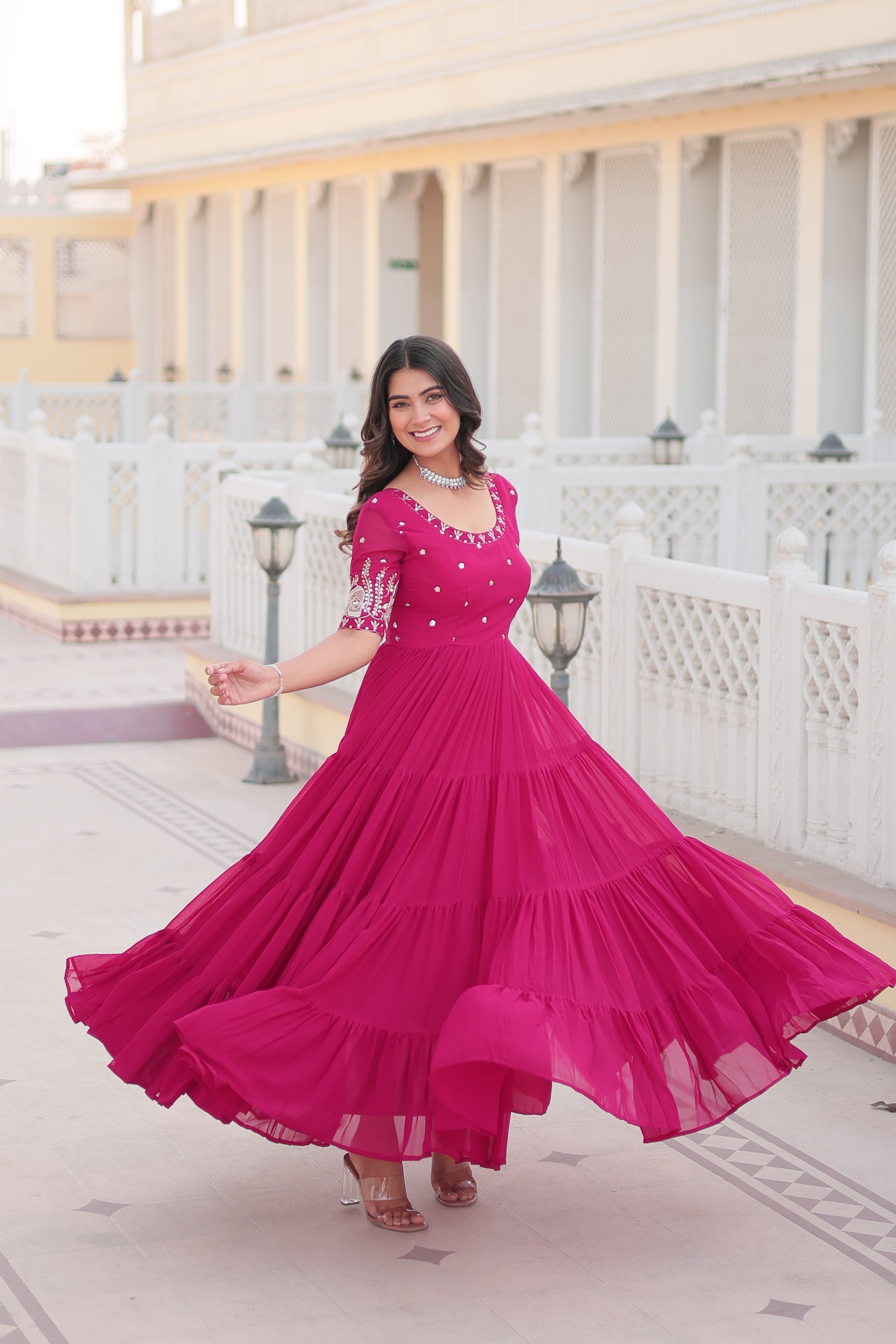 Sonakshi Women's Rani Pink Faux Blooming Sequins with Zari Embroidered Long Anarkali Dress - Distacart