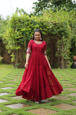 Thumbnail for Sonakshi Women's Maroon Faux Blooming Sequins with Zari Embroidered Long Anarkali Dress - Distacart
