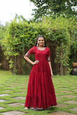 Thumbnail for Sonakshi Women's Maroon Faux Blooming Sequins with Zari Embroidered Long Anarkali Dress - Distacart
