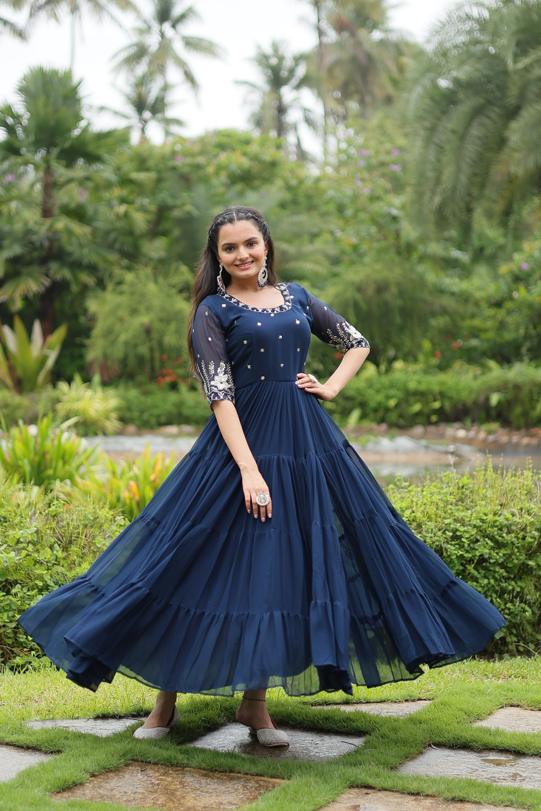 Sonakshi Women's Morpich Faux Blooming Sequins with Zari Embroidered Long Anarkali Dress - Distacart