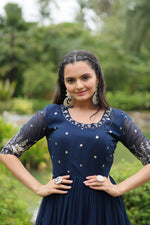 Thumbnail for Sonakshi Women's Morpich Faux Blooming Sequins with Zari Embroidered Long Anarkali Dress - Distacart