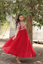 Thumbnail for Sonakshi Women's Red Faux Blooming Sequins with Zari Embroidered Long Anarkali Dress - Distacart