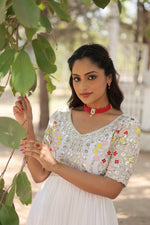 Thumbnail for Sonakshi Women's White Faux Blooming Sequins with Zari Embroidered Long Anarkali Dress - Distacart