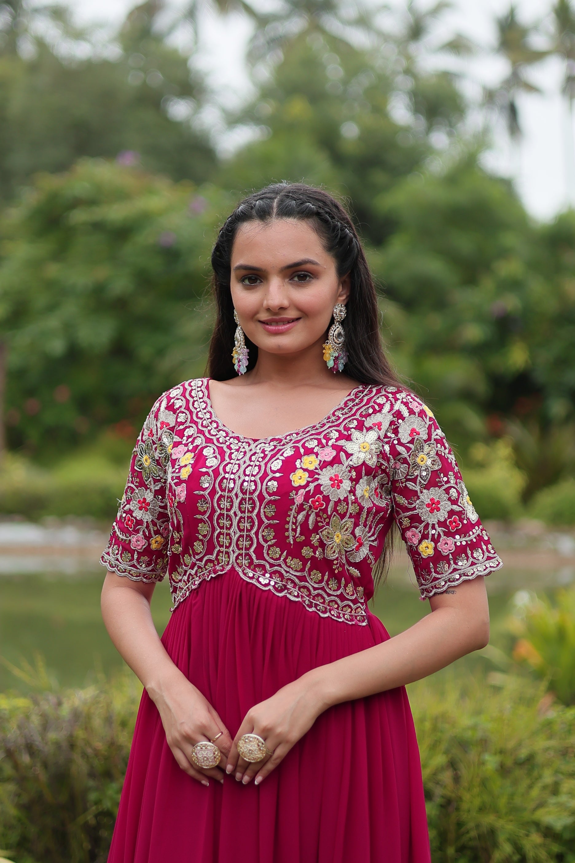 Sonakshi Women's Rani Pink Faux Blooming Sequins with Zari Embroidered Long Anarkali Dress - Distacart