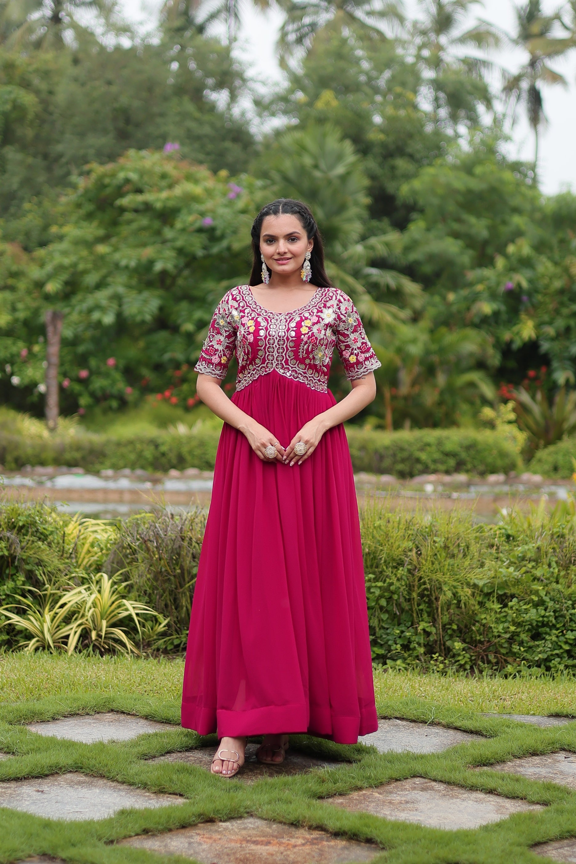 Sonakshi Women's Rani Pink Faux Blooming Sequins with Zari Embroidered Long Anarkali Dress - Distacart