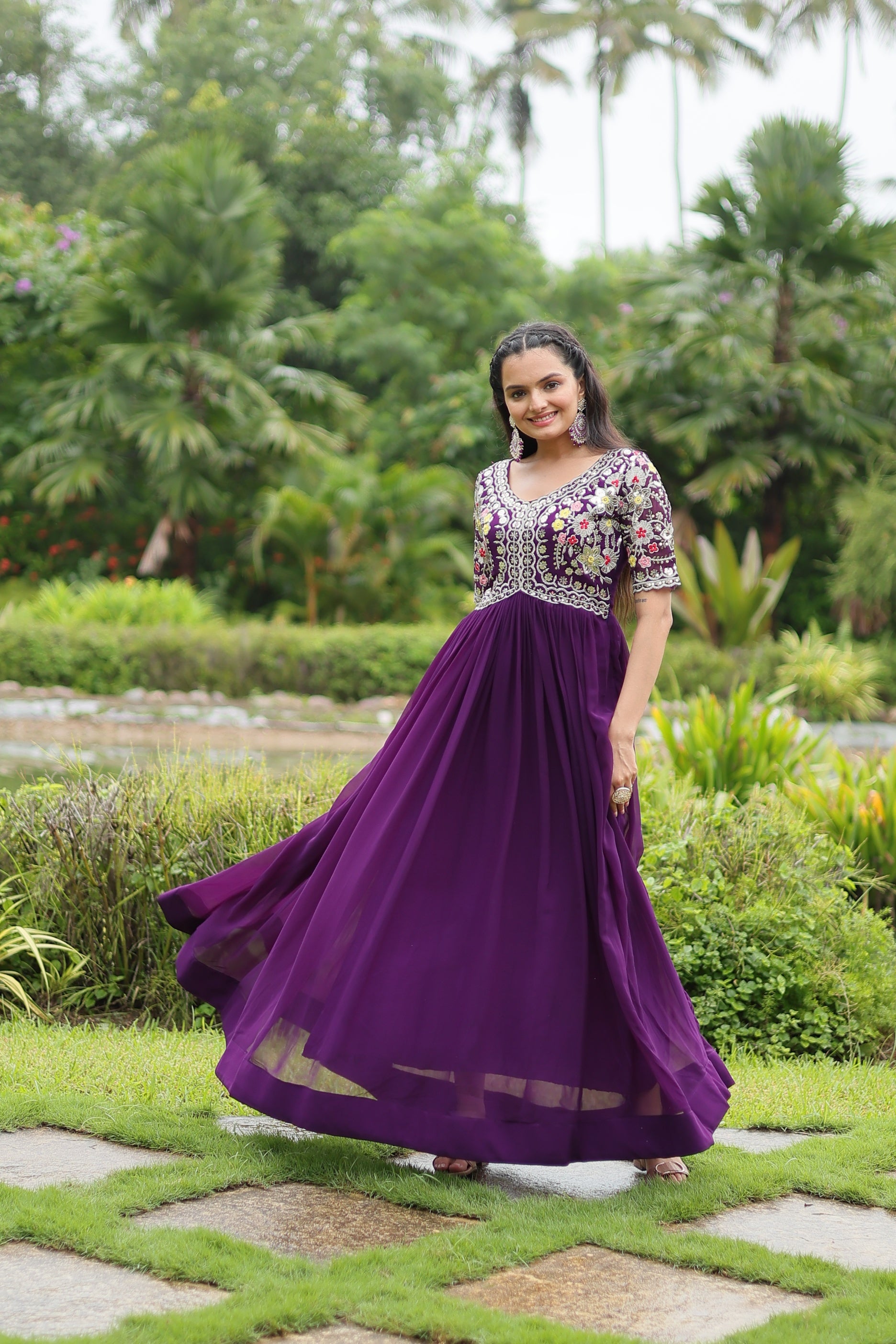 Sonakshi Women's Purple Faux Blooming Sequins with Zari Embroidered Long Anarkali Dress - Distacart