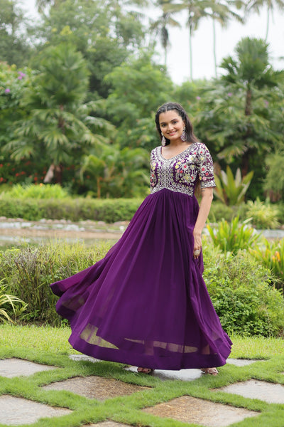 Sonakshi Women's Purple Faux Blooming Sequins with Zari Embroidered Long Anarkali Dress - Distacart