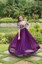Thumbnail for Sonakshi Women's Purple Faux Blooming Sequins with Zari Embroidered Long Anarkali Dress - Distacart