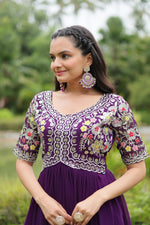 Thumbnail for Sonakshi Women's Purple Faux Blooming Sequins with Zari Embroidered Long Anarkali Dress - Distacart