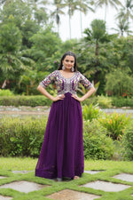 Thumbnail for Sonakshi Women's Purple Faux Blooming Sequins with Zari Embroidered Long Anarkali Dress - Distacart