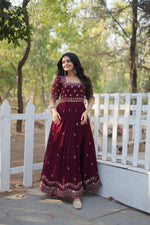 Thumbnail for Sonakshi Women's Maroon Faux Blooming Sequins with Zari Embroidered Long Anarkali Dress - Distacart