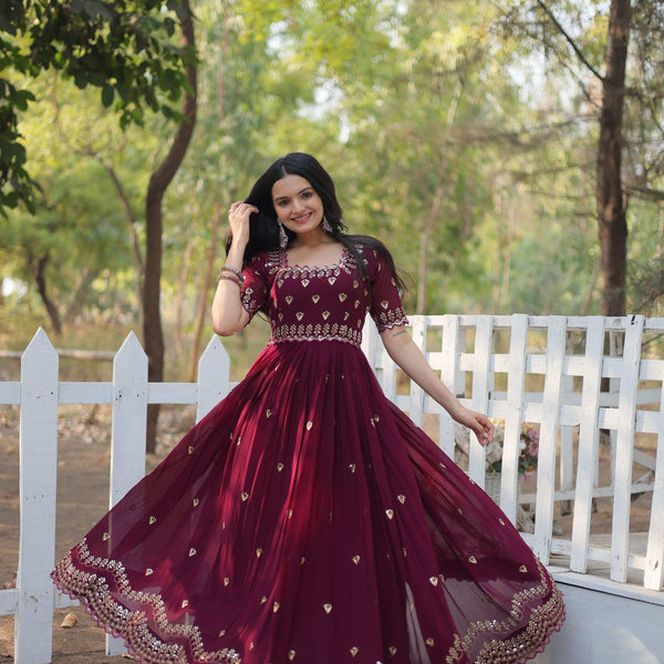 Sonakshi Women's Maroon Faux Blooming Sequins with Zari Embroidered Long Anarkali Dress - Distacart
