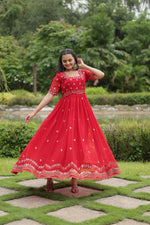 Thumbnail for Sonakshi Women's Red Faux Blooming Sequins with Zari Embroidered Long Anarkali Dress - Distacart