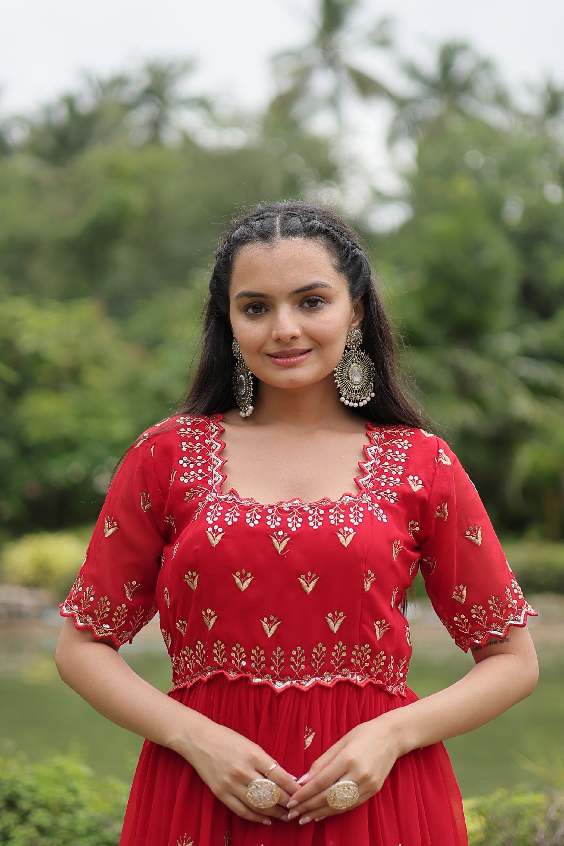 Sonakshi Women's Red Faux Blooming Sequins with Zari Embroidered Long Anarkali Dress - Distacart