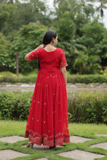 Thumbnail for Sonakshi Women's Red Faux Blooming Sequins with Zari Embroidered Long Anarkali Dress - Distacart