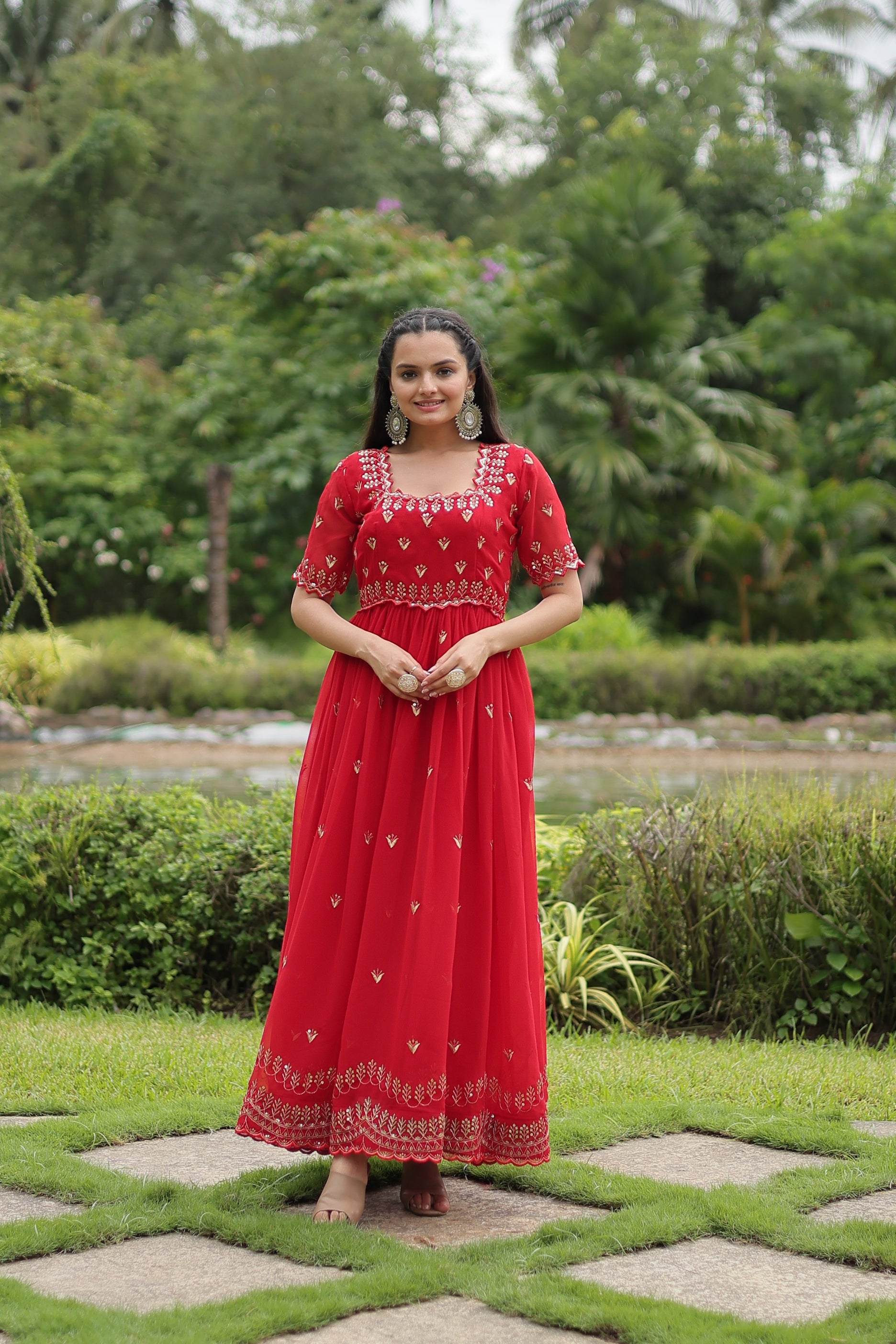 Sonakshi Women's Red Faux Blooming Sequins with Zari Embroidered Long Anarkali Dress - Distacart