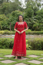 Thumbnail for Sonakshi Women's Red Faux Blooming Sequins with Zari Embroidered Long Anarkali Dress - Distacart