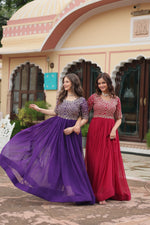 Thumbnail for Sonakshi Women's Pink & Purple Faux Blooming Sequins Zari Embroidered Combo Anarkali Dress - Distacart