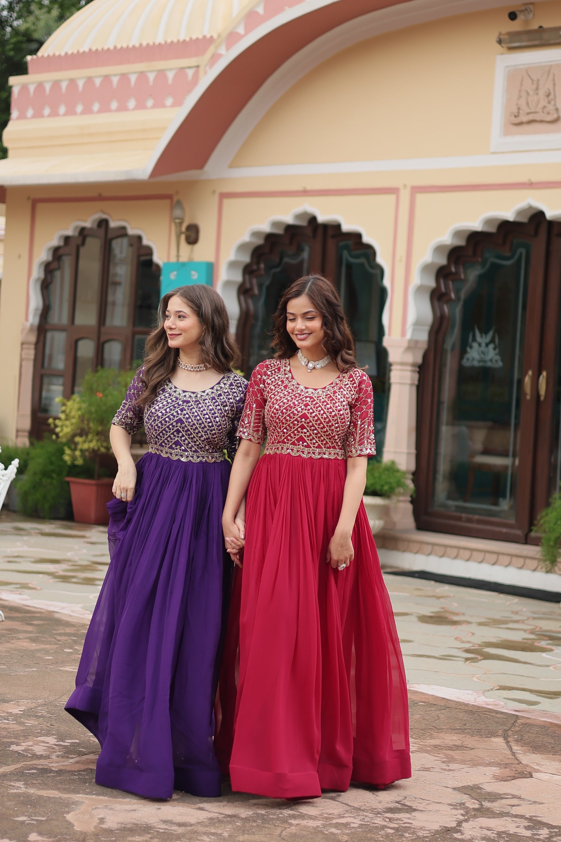 Sonakshi Women's Pink & Purple Faux Blooming Sequins Zari Embroidered Combo Anarkali Dress - Distacart