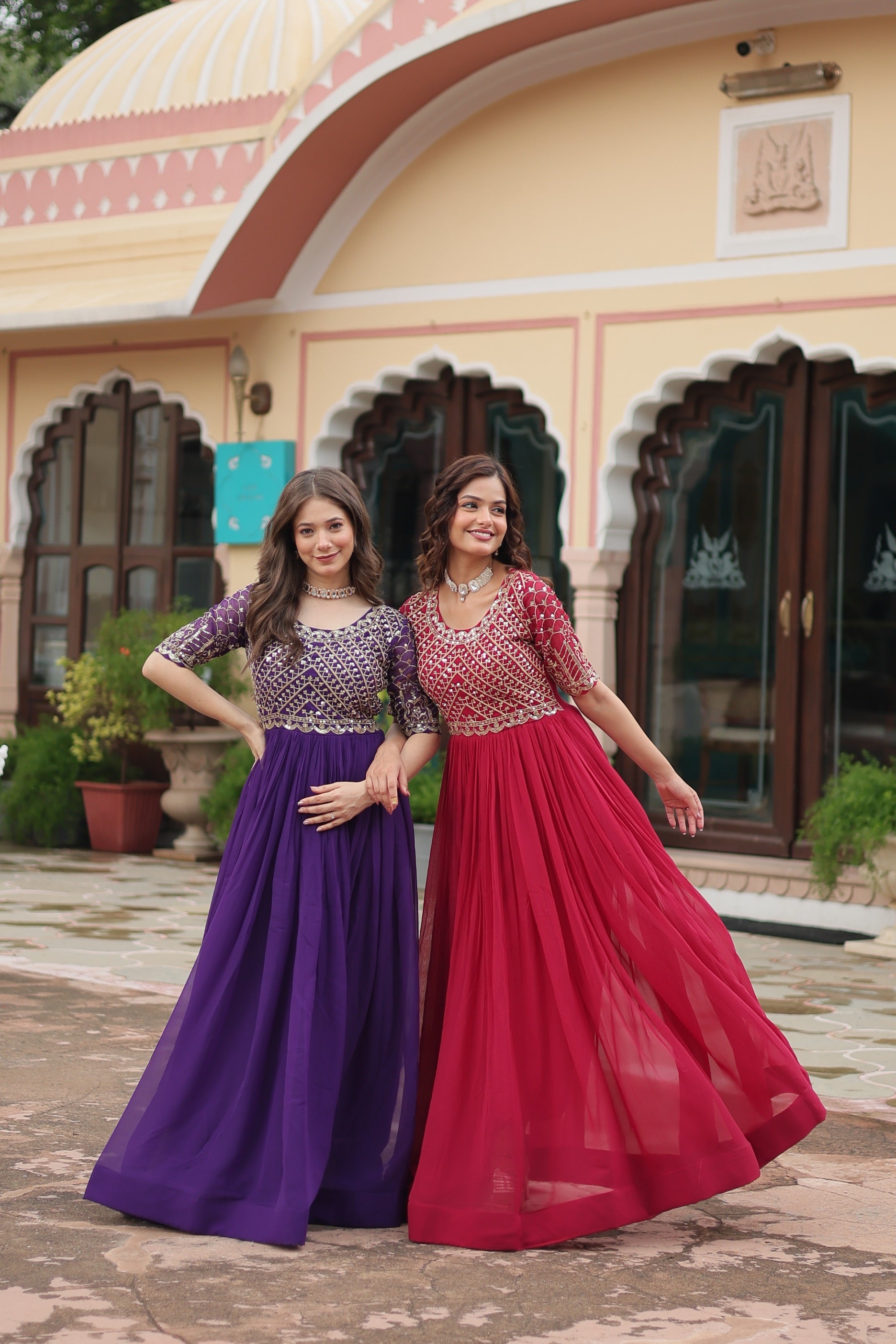 Sonakshi Women's Pink & Purple Faux Blooming Sequins Zari Embroidered Combo Anarkali Dress - Distacart
