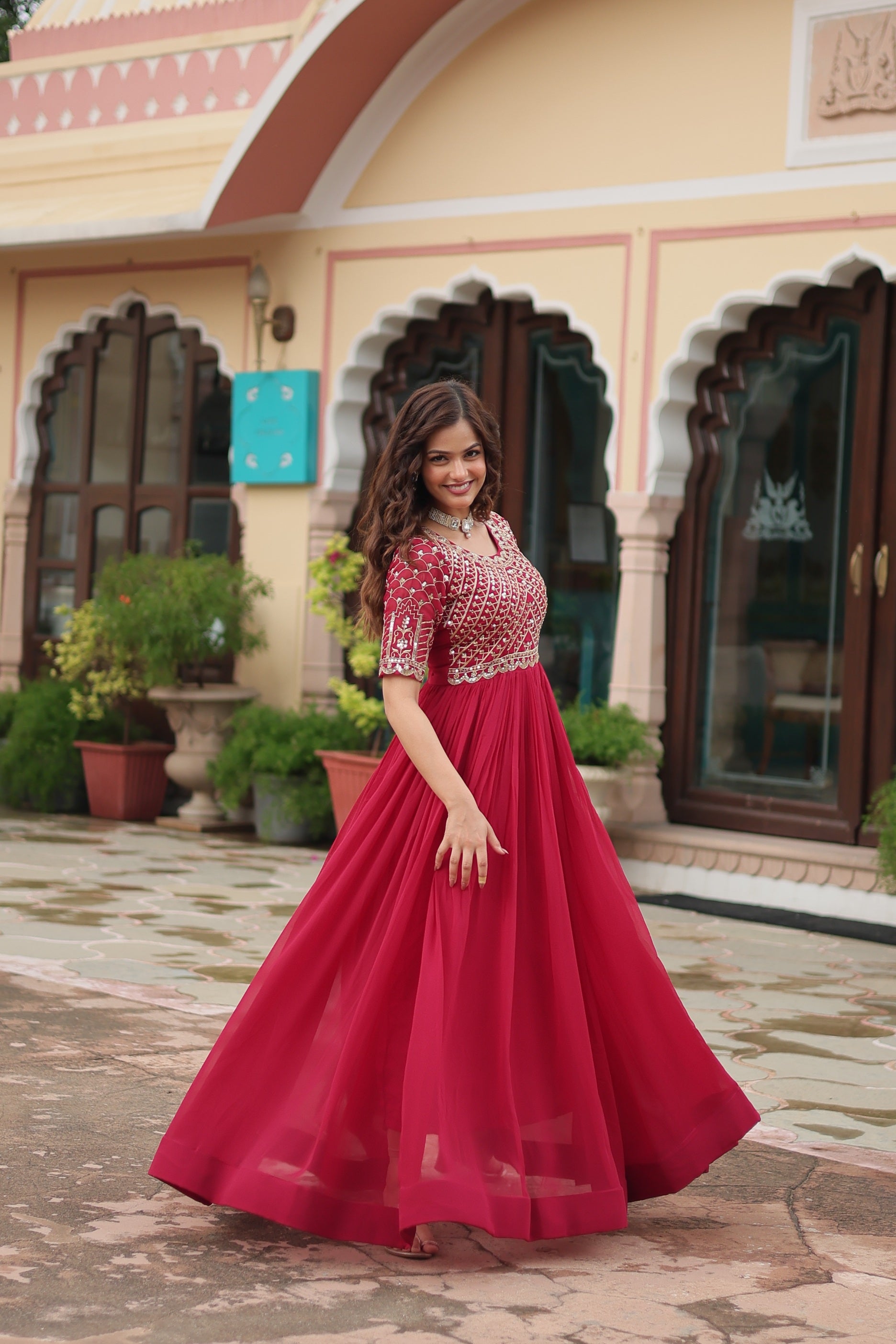 Sonakshi Women's Pink Faux Blooming Sequins Zari Embroidered Long Anarkali Dress - Distacart